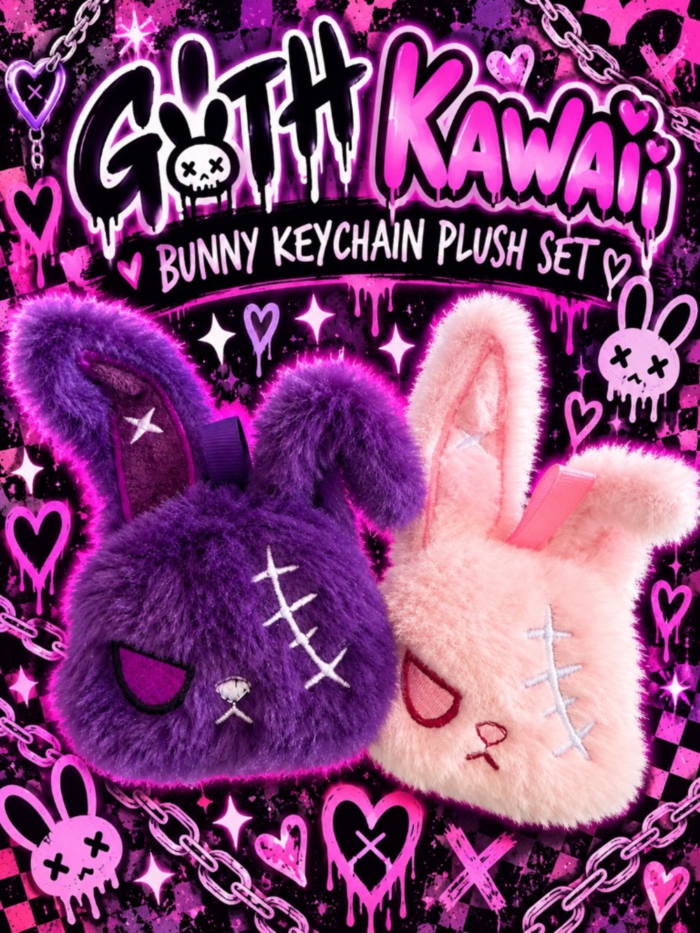 Goth Kawaii Bunny Keychain Plush Set – Pink & Purple Creepy Cute